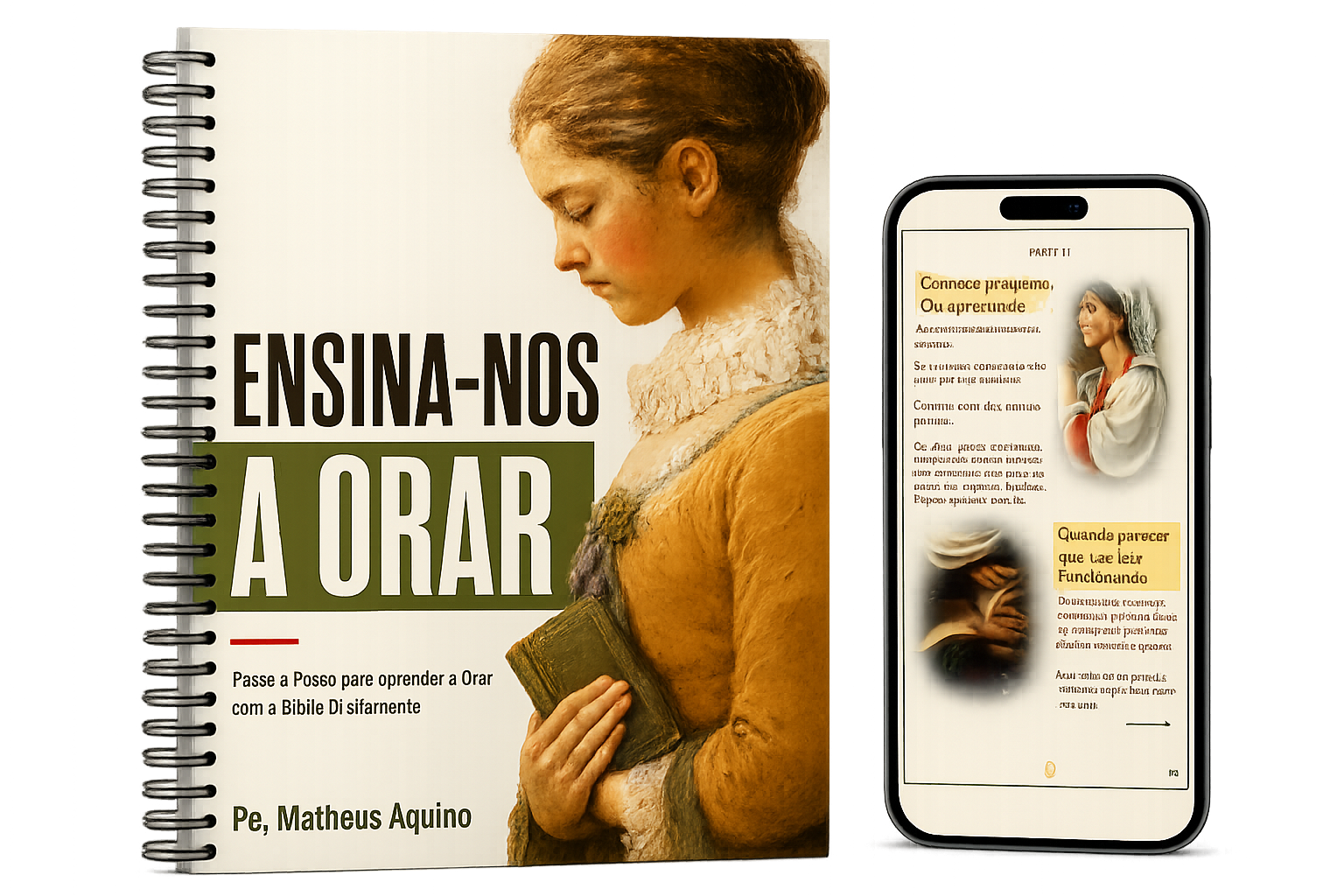 Mockup do Roteiro Ensina-nos a Orar: livro espiral e versão digital no celular